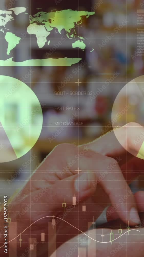 Aufkleber animation of statistics and data processing over woman using smartphone