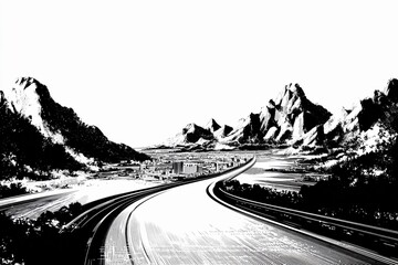 Dynamic Racing Journey Through Scenic Mountains in Striking Black and White Artwork Generative AI