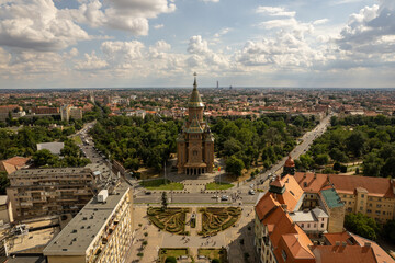 Timisoara,  Romania - july 10 2025: Aerial drone image of Orthodox church in Timisoara
