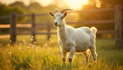 Naklejka premium Majestic white goat basking in the golden sunlight on a serene meadow landscape