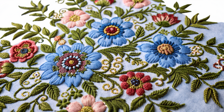ornate floral embroidered pattern on fabric isolated on white background, png, ai generated.