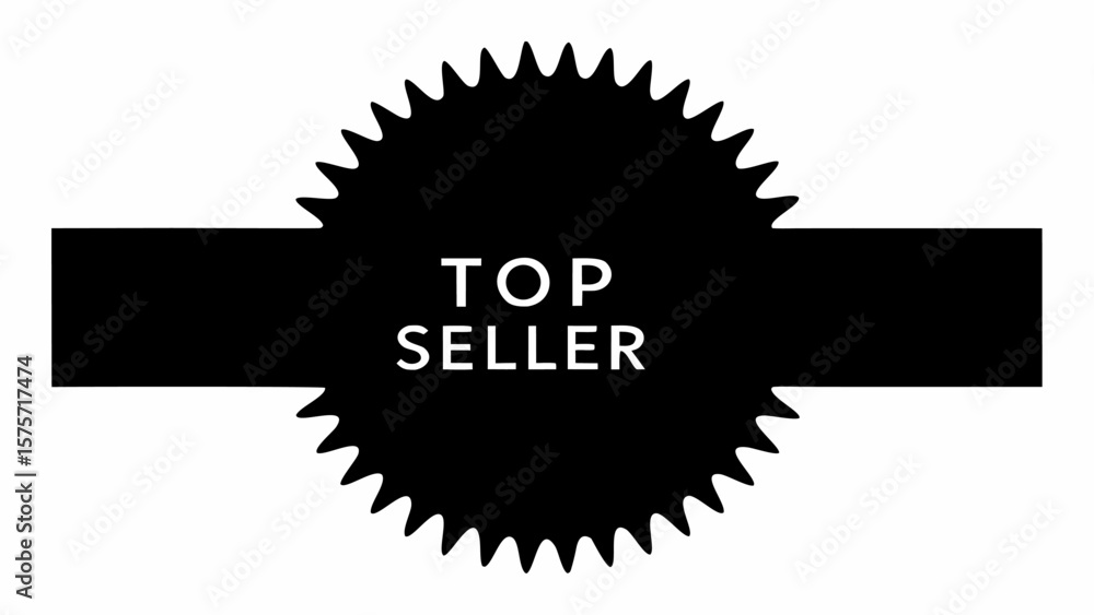 Poster a black top seller badge with a starburst shape and a horizontal bar across the center design elemen