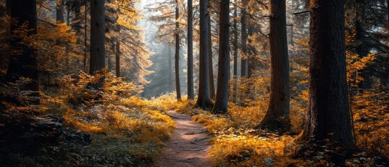 Obraz premium Autumn forest path golden light