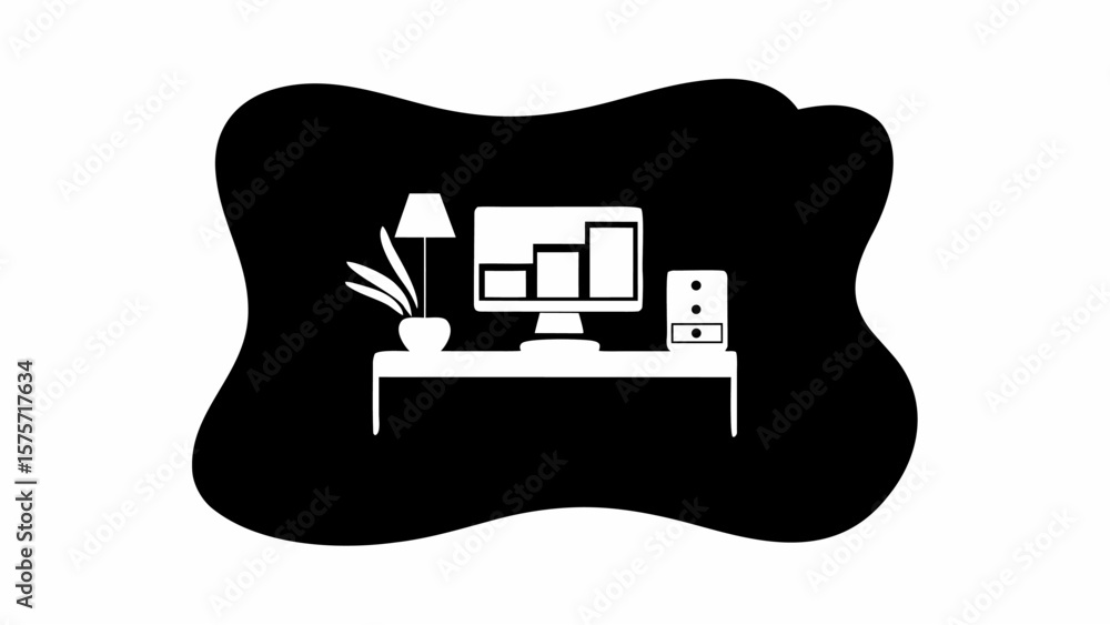 Poster illustration of a desk with a computer lamp plant and tower in a black and white color scheme design