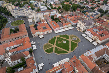 Aerial drone image of Union Square in Timisoara, Romania, during sunset
