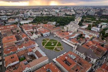 Aerial drone image of Union Square in Timisoara, Romania, during sunset