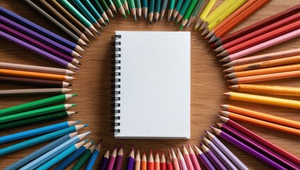 Fototapeta premium Colorful Pencils Arranged Around a Blank Notebook on Wooden Table, Illustrating Creativity and Artistic Expression For Educational Resources and Back to School : Generative AI