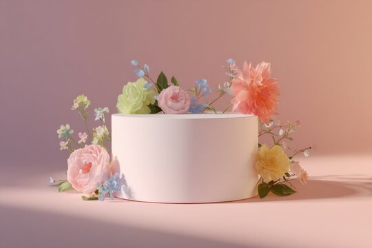 Pastel Pink Podium Display With Floral Decoration, Ideal for Product Showcase and Springtime Promotion, Conveying Elegance and Femininity : Generative AI - Powered by Adobe