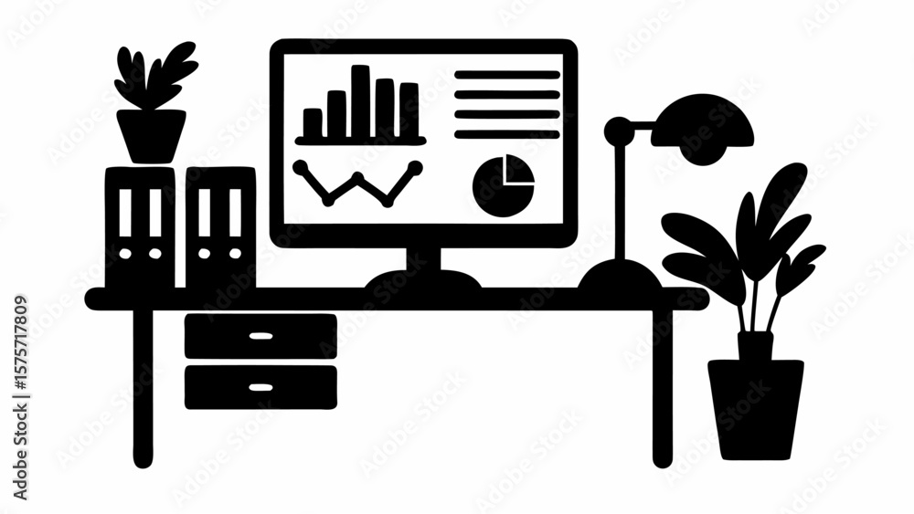 Poster a desk with a computer displaying charts, a lamp, plants, and file folders in black and white style