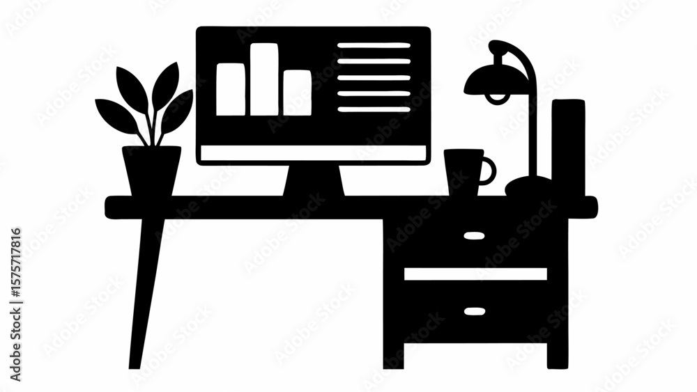 Poster a desk with a computer displaying a bar graph and text, a lamp, a mug, a plant, and a drawer unit on