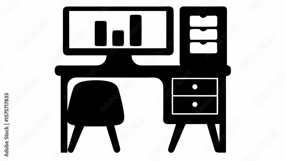 Poster illustration of a desk with a computer displaying a bar graph and drawers next to a chair object