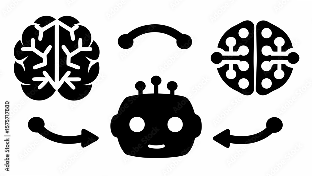 Poster illustration of a robot head with brains and artificial intelligence connected by arrows and arc lin