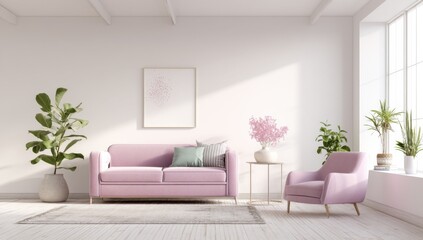Light Pink Living Room With Sofa and Plants, Representing Home Decor and Interior Design Inspiration for Real Estate Marketing and Family Comfort : Generative AI