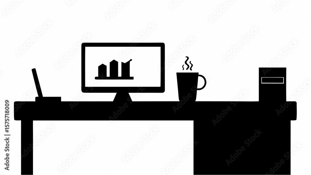 Poster silhouette of a desk with a laptop a monitor showing a graph a mug and a file cabinet on white