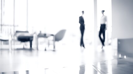 Fototapeta premium Blurred figures of people walking in a modern office space.
