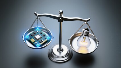 Balancing Technology and Innovation in a Conceptual Image of Circuit Board and Light Bulb