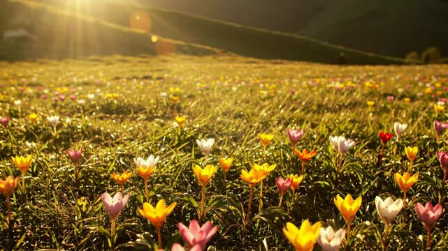 Golden Hour Meadow: Crocuses Bursting Into Life Under The Morning Sun