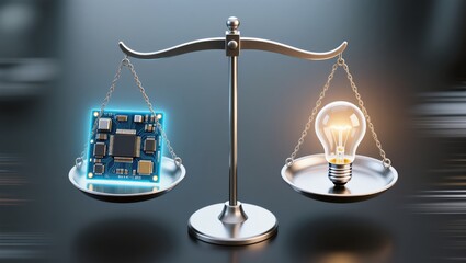 Balance of Technology and Innovation in Modern Society with a Circuit Board and Light Bulb