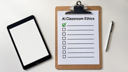 Checklist for AI Classroom Ethics with Tablet and Pen on Clipboard Surface