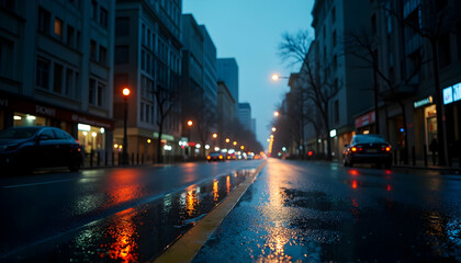 Rainy urban landscape at twilight with reflections of city lights on the street