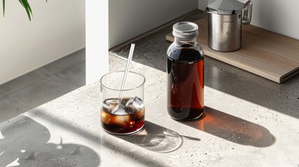 Refreshing Cold Brew Coffee: A Glass with Ice, a Bottle, and Moka Pot on a Concrete Surface in Natural Light