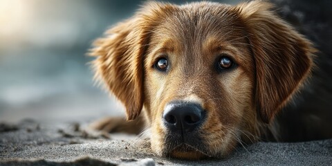 Golden retriever puppy resting on the sand during a sunny day at the beach
