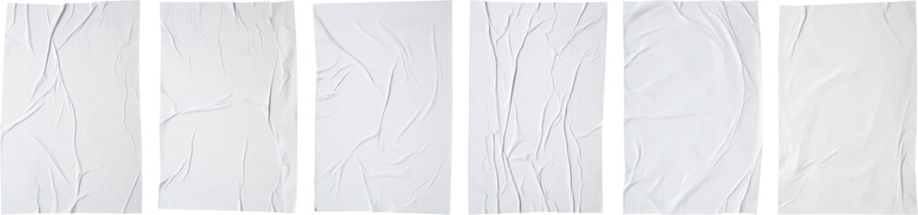 white crumpled and creased glued mockup paper poster template set isolated on black background