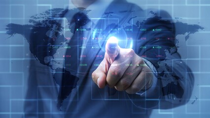 Digital Business Technology Concept with Virtual Map and Financial Data Interface