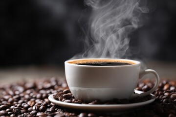 Fototapeta premium Steaming Cup of Black Coffee Surrounded by Beans, Evoking Warmth and a Morning Ritual, Perfect for Food and Beverage Marketing : Generative AI
