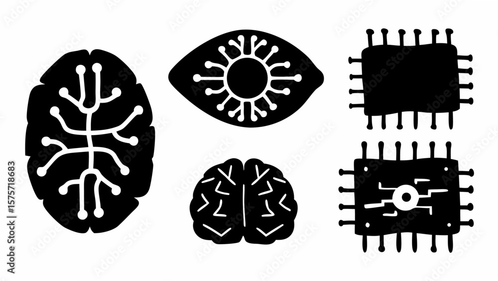 Poster stylized black and white image showing brains eye and computer chips arranged in a simple compositio