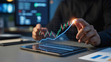 Person interacting with a holographic financial stock market chart on a tablet