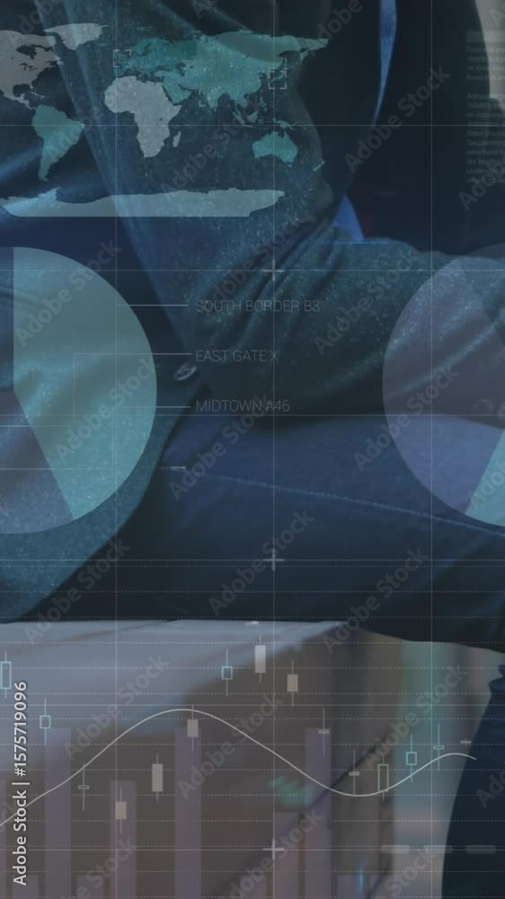 Aufkleber animation of graphs over midsection of caucasian businessman using smartphone