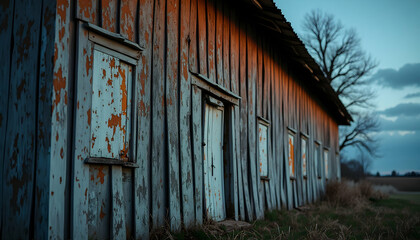 Weathered charm: An aged wooden barn with peeling paint and rustic appeal