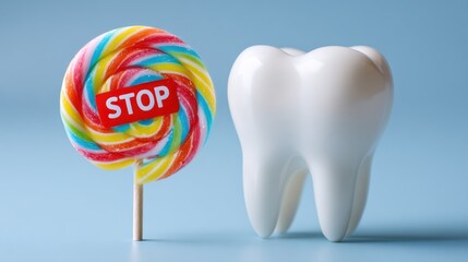 Colorful lollipop with a stop sign stands beside a healthy white tooth, symbolizing the importance of limiting sugar intake for good oral hygiene
