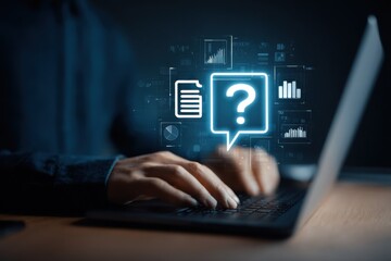 Typing on Laptop With Question Mark and Data Charts, Representing Online Support and Information Technology Solutions : Generative AI
