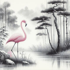 Illustration of a pink flamingo by a lake in the forest. The painting is made in the technique of Chinese watercolor. Vector graphics. EPS.