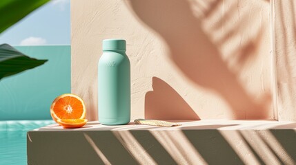 Vibrant summertime scene with a reusable mint bottle, sliced orange, and tropical leaf shadow casting upon an apricot background near the turquoise pool.