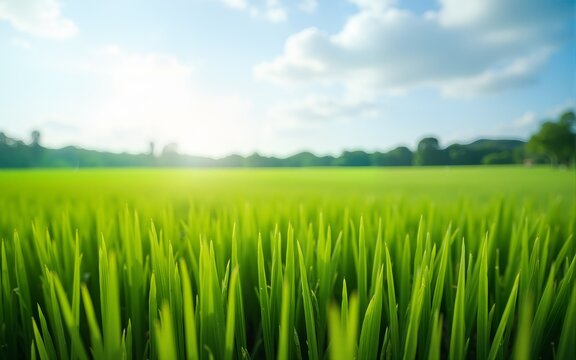 View of rice farm agricultural field with sky, Green agriculture background. High quality