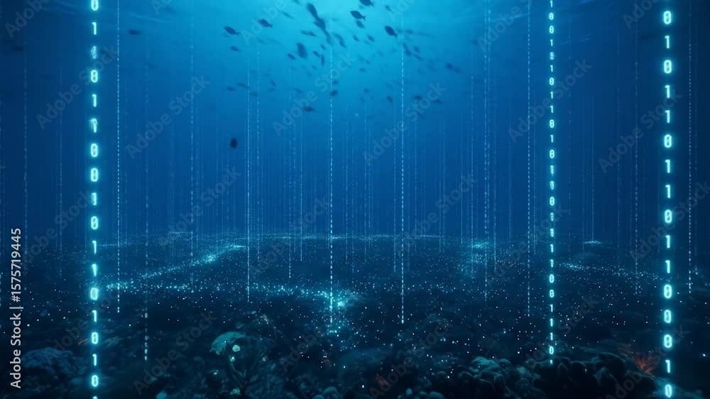 Poster underwater binary code and fish swimming in a digital ocean concept video