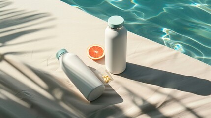 Refreshing Poolside Relaxation: Reusable Bottles, Grapefruit Slice, and Supplements on a Textured Surface bathed in Sunlight.