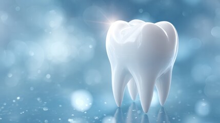 Shiny white tooth on a blue background representing dental health and hygiene