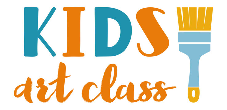 Colorful logo highlighting kids art class with the words kids and art class, featuring a paintbrush to inspire creativity and promote learning among young children