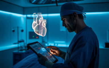 Surgeon analyzing holographic human heart model on tablet in futuristic operating room