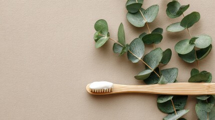 Bamboo toothbrush and eucalyptus leaves symbolize eco-conscious dental hygiene