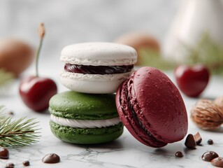 A stack of colorful macarons with cherries and chocolate chips on a marble surface in soft lighting
