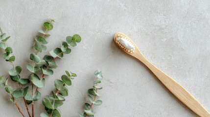 Bamboo toothbrush and eucalyptus leaves symbolize eco-conscious dental hygiene
