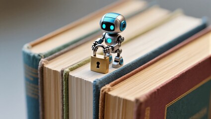 Cute Robot Holding a Lock on Stacked Books in a Modern Library Setting