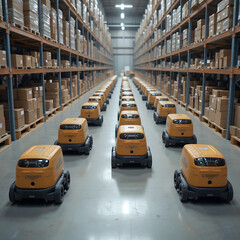 Robots Organizing Inventory in Distribution Center, Industrial Environment, Aerial View, Technology Concept