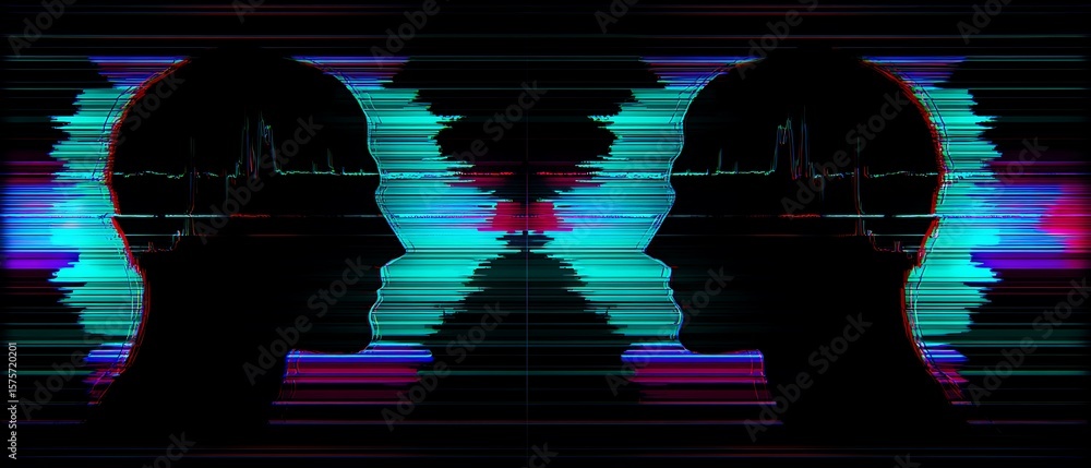 Poster silhouettes of two heads with glitch art patterns.