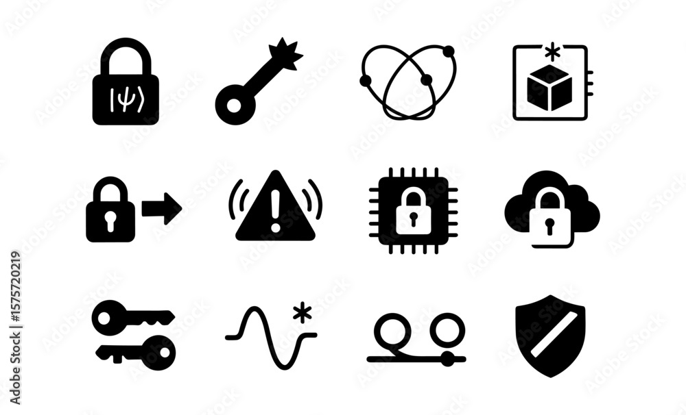 Poster quantum cryptography icons: secure communication and encryption symbols